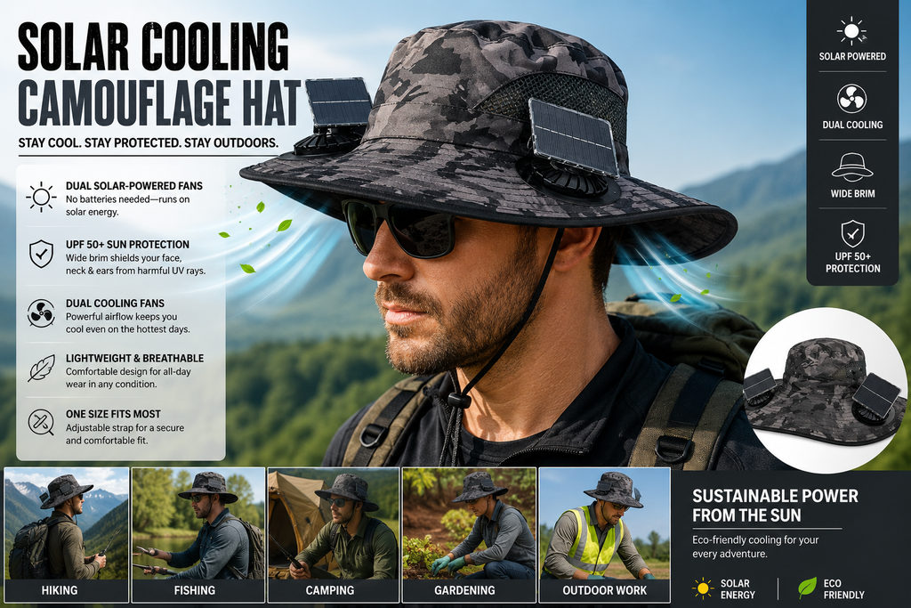 Camouflage Solar Powered Fan Hat UV Protection Sun Hat with 2 Solar Fans Used Breathable for Outdoor, Fishing, Mountain Climbing