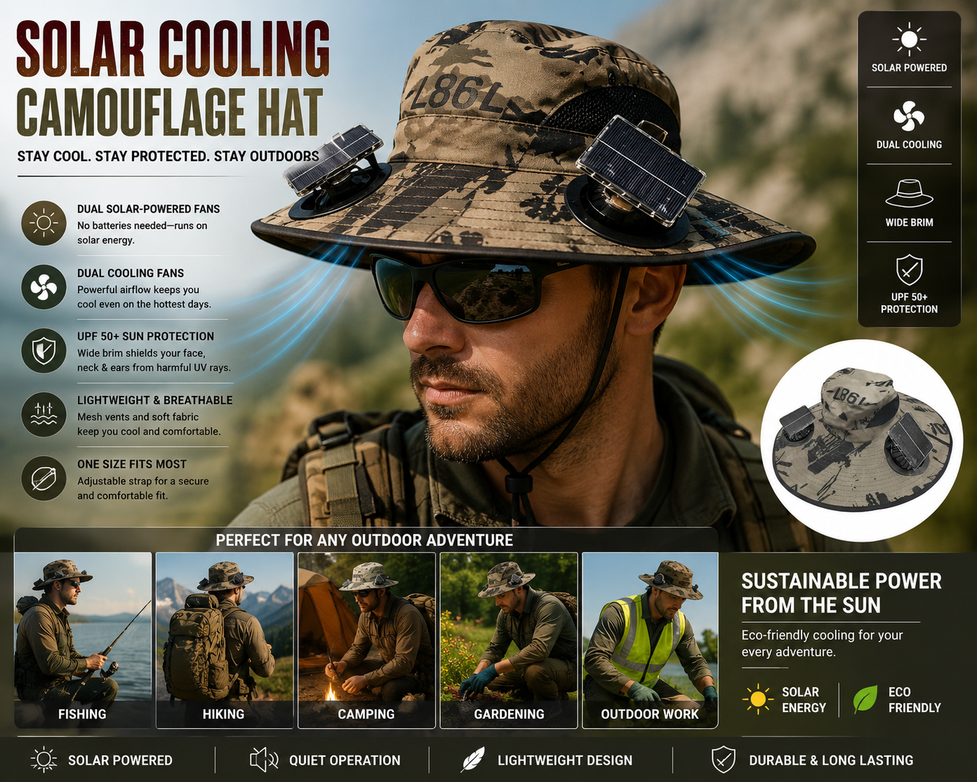 Camouflage Solar Powered Fan Hat UV Protection Sun Hat with 2 Solar Fans Used Breathable for Outdoor, Fishing, Mountain Climbing