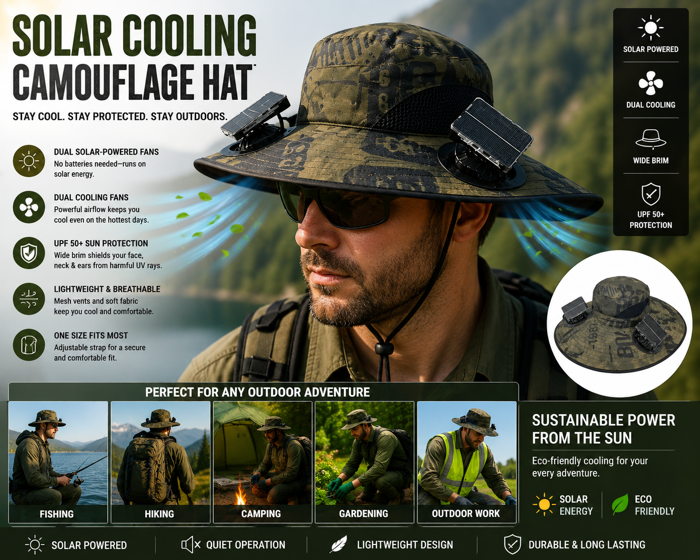 Camouflage Solar Powered Fan Hat UV Protection Sun Hat with 2 Solar Fans Used Breathable for Outdoor, Fishing, Mountain Climbing