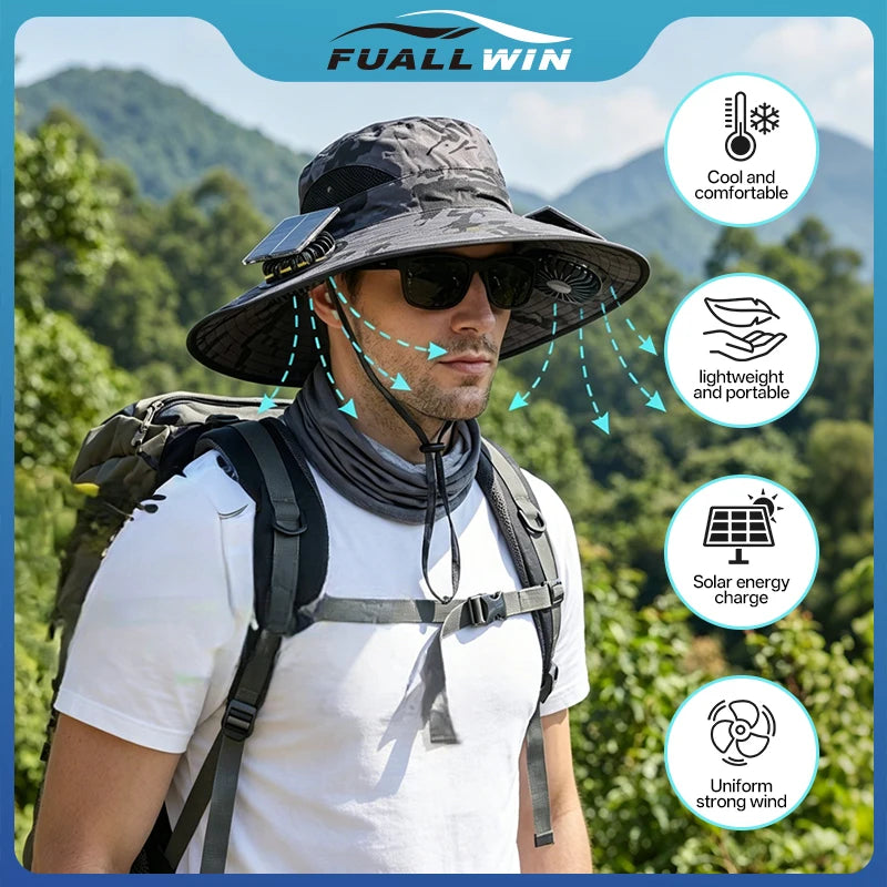 Camouflage Solar Powered Fan Hat UV Protection Sun Hat with 2 Solar Fans Used Breathable for Outdoor, Fishing, Mountain Climbing