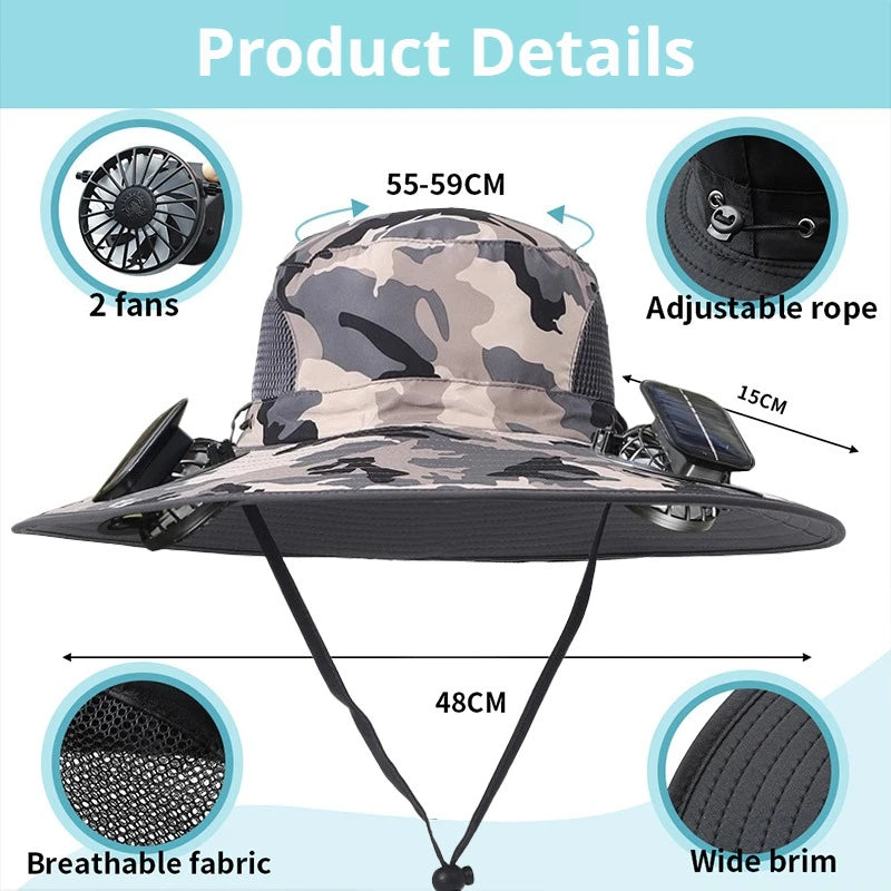Camouflage Solar Powered Fan Hat UV Protection Sun Hat with 2 Solar Fans Used Breathable for Outdoor, Fishing, Mountain Climbing