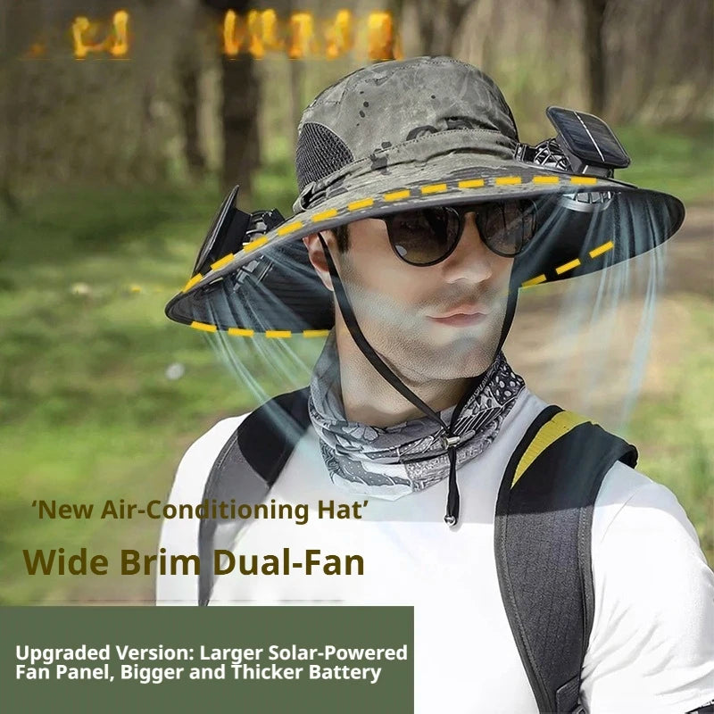 Camouflage Solar Powered Fan Hat UV Protection Sun Hat with 2 Solar Fans Used Breathable for Outdoor, Fishing, Mountain Climbing